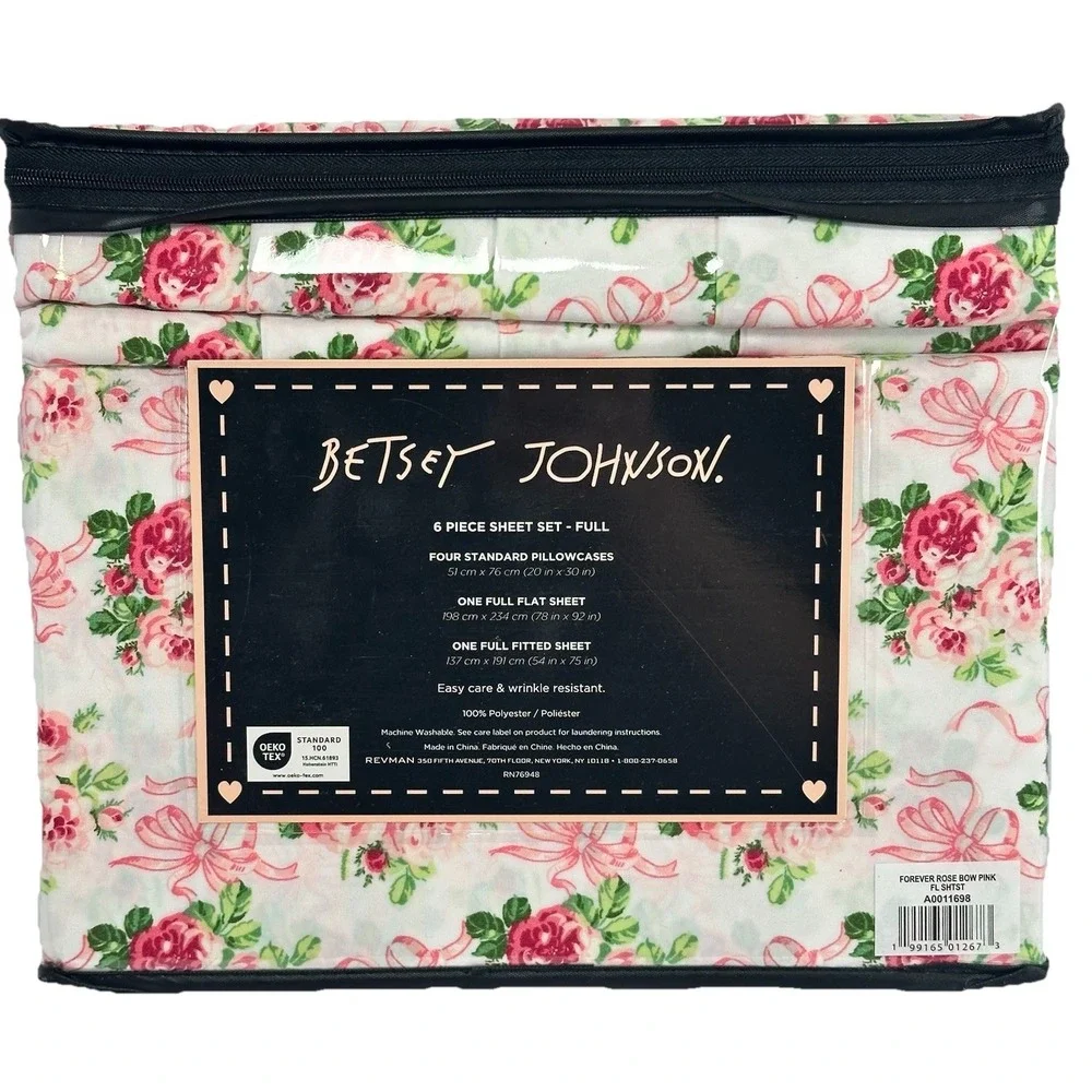 Betsey Johnson Full Sheet Set Floral Rose Bow Pink 6 Pc Bedding New